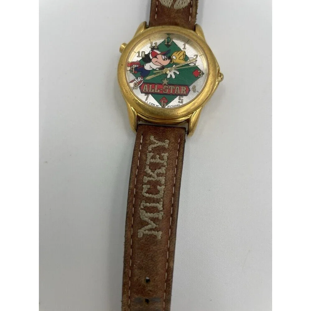 Vintage Mickey Mouse Baseball Lorus Watch With Gold All Star Disney Rare
